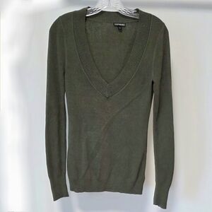 Express Deep V-neck Ribbed Long Sleeve Bodycon Sweater Olive Green Size M